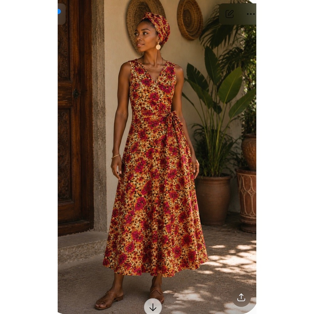 NWT African Print Wrap Dress with Headwrap Set‎ Pink Orange One Size
